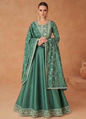 Attractive Green Silk Embroidered Gown for Ceremonial