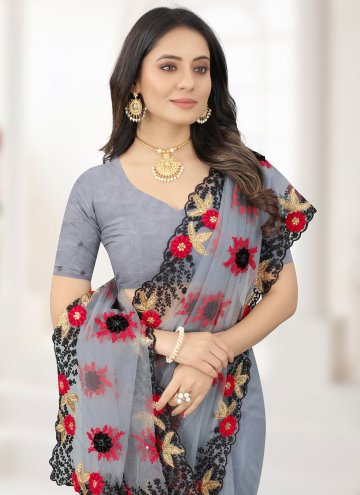 Attractive Grey Net Embroidered Contemporary Saree for Festival