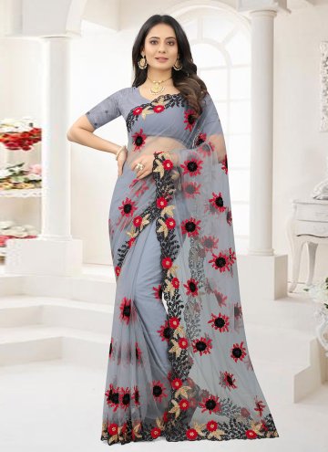 Attractive Grey Net Embroidered Contemporary Saree