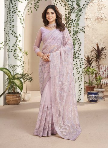 Attractive Lavender Fancy Fabric Embroidered Classic Designer Saree for Engagement