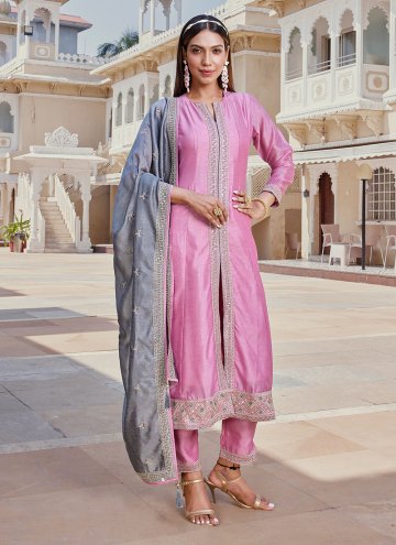 Attractive Lavender Silk Embroidered Salwar Suit f