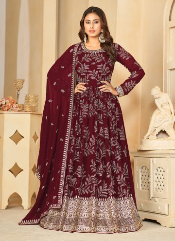 Attractive Maroon Faux Georgette Embroidered Desig