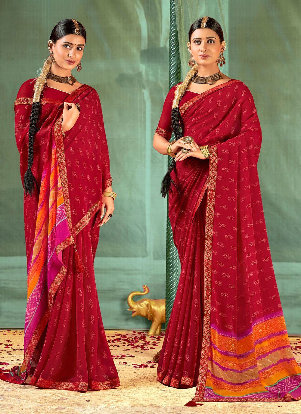 Attractive Maroon Faux Georgette Floral Print Traditional Saree