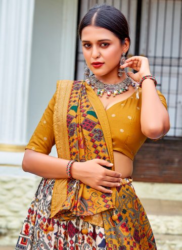 Attractive Mustard and White Cotton  Printed A Line Lehenga Choli for Ceremonial