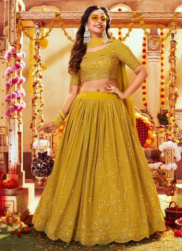 Attractive Mustard Satin Embroidered A Line Leheng