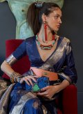Attractive Navy Blue Handloom Silk Woven Trendy Saree for Engagement - 1