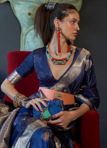 Attractive Navy Blue Handloom Silk Woven Trendy Saree for Engagement