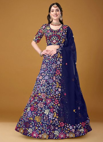 Attractive Navy Blue Satin Silk Embroidered Design