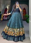 Attractive Navy Blue Tussar Silk Printed Readymade Designer Gown for Ceremonial - 2