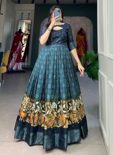 Attractive Navy Blue Tussar Silk Printed Readymade Designer Gown for Ceremonial