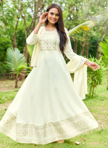 Attractive Off White Rayon Embroidered Gown