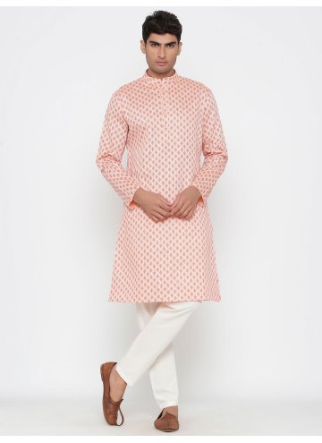 Attractive Peach Cotton Satin Print Kurta Pyjama