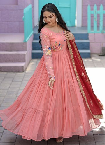 Attractive Peach Faux Georgette Embroidered Gown