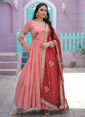 Attractive Peach Faux Georgette Embroidered Gown
