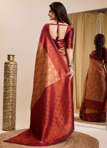 Attractive Peach Kanjivaram Silk Jacquard Work Classic Designer Saree for Casual