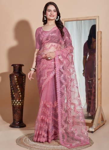 Attractive Pink Net Embroidered Contemporary Saree
