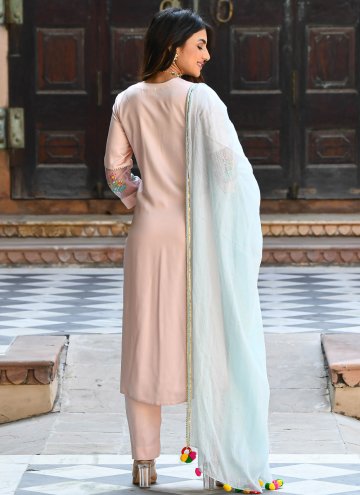 Attractive Pink Rayon Embroidered Pant Style Suit
