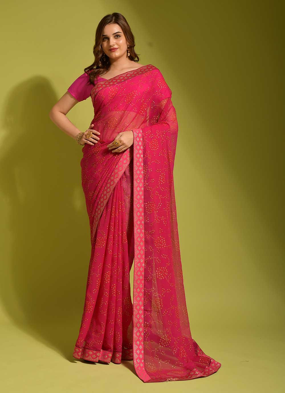 Attractive Printed Chiffon Pink Designer Saree