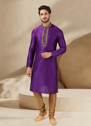 Attractive Purple Art Banarasi Silk Embroidered Kurta Pyjama for Ceremonial