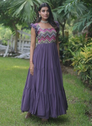 Attractive Purple Faux Georgette Embroidered Designer Gown for Ceremonial