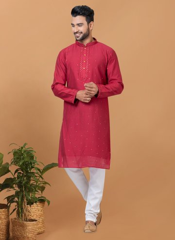 Attractive Red Cotton  Embroidered Kurta Pyjama for Ceremonial