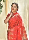 Attractive Red Silk Woven Designer Saree for Engagement - 1