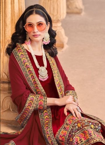 Attractive Red Velvet Embroidered Straight Salwar Kameez