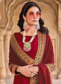 Attractive Red Velvet Embroidered Straight Salwar Kameez - 2