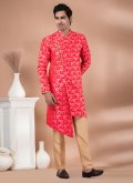 Attractive Salmon Pink Jacquard Silk Embroidered Indo Western - 1