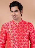 Attractive Salmon Pink Jacquard Silk Embroidered Indo Western - 4