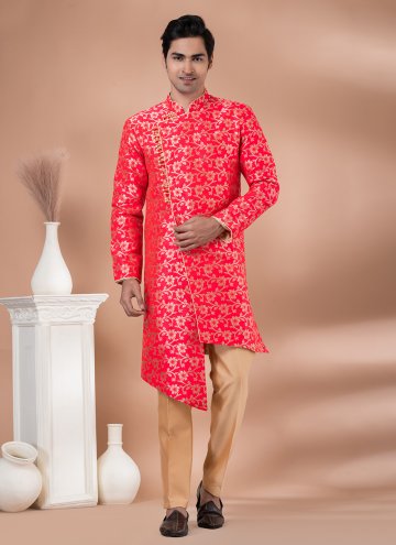 Attractive Salmon Pink Jacquard Silk Embroidered I