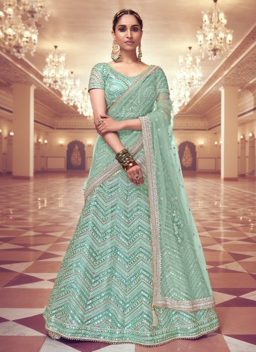 Attractive Sea Green Net Embroidered A Line Leheng