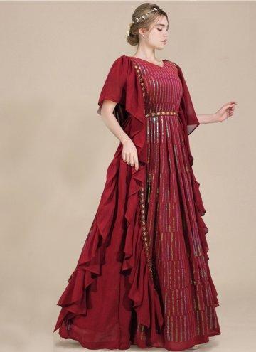Attractive Sequins Work Georgette Maroon Readymade Designer Gown