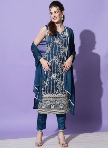 Attractive Teal Cotton  Embroidered Trendy Salwar Suit for Ceremonial