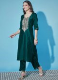 Attractive Teal Cotton Silk Embroidered Salwar Suit - 3