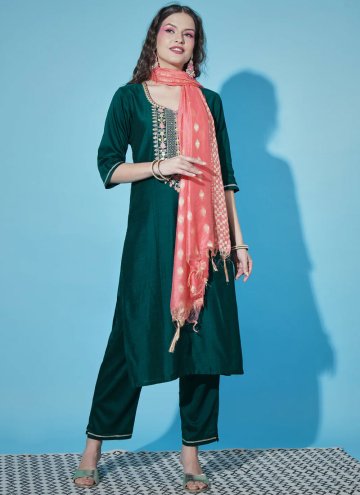 Attractive Teal Cotton Silk Embroidered Salwar Suit