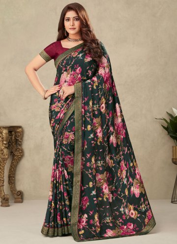 Attractive Teal Crepe Silk Floral Print Contemporary Saree for Casual
