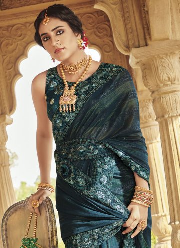 Attractive Teal Fancy Fabric Embroidered Classic Designer Saree