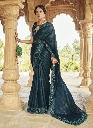 Attractive Teal Fancy Fabric Embroidered Classic Designer Saree