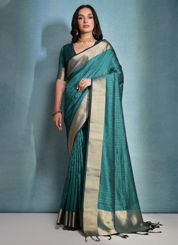 Attractive Teal Raw Silk Woven Contemporary Saree