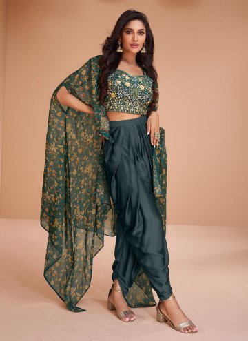 Attractive Teal Satin Silk Embroidered Trendy Salw