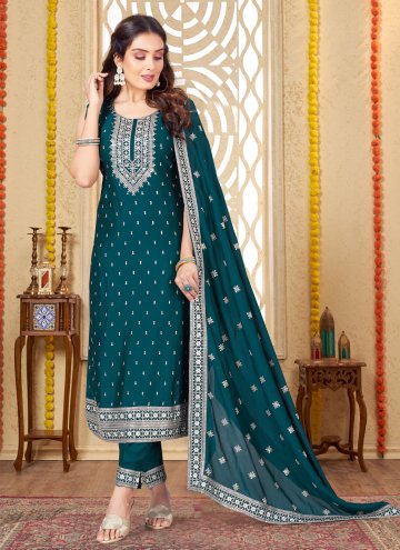 Attractive Teal Silk Embroidered Pant Style Suit