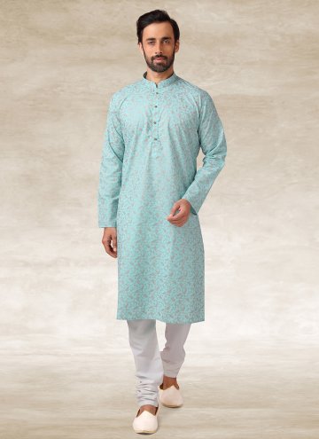 Attractive Turquoise Handloom Cotton Printed Kurta Pyjama