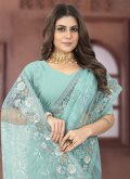 Attractive Turquoise Net Embroidered Contemporary Saree for Engagement - 1