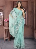 Attractive Turquoise Net Embroidered Contemporary Saree for Engagement - 3
