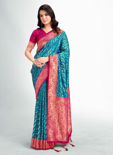Attractive Turquoise Silk Fancy work Classic Designer Saree for Engagement