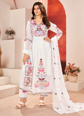 Attractive White Faux Georgette Embroidered Salwar