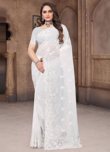 Attractive White Georgette Embroidered Classic Designer Saree for Ceremonial