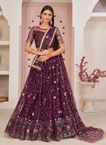 Attractive Wine Net Embroidered A Line Lehenga Cho