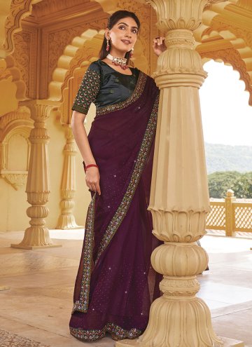 Attractive Wine Shimmer Embroidered Designer Saree for Ceremonial